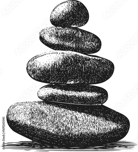 Balance vector sketch hand drawn line art in nature, stacked stones cairn in engraving style — stock vector