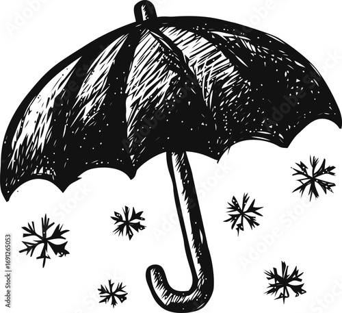 Umbrella vector sketch hand drawn line art in nature, umbrella with snowflakes vintage style — stock vector