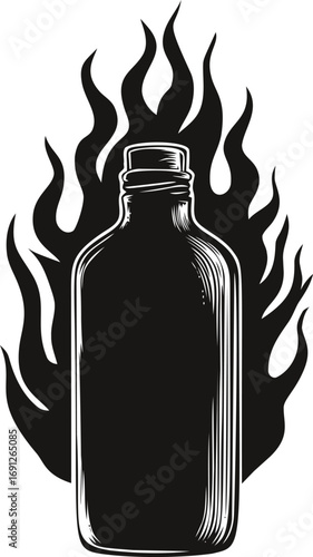 Molotov vector sketch hand drawn line art on icon, molotov cocktail bottle with flames — stock vector