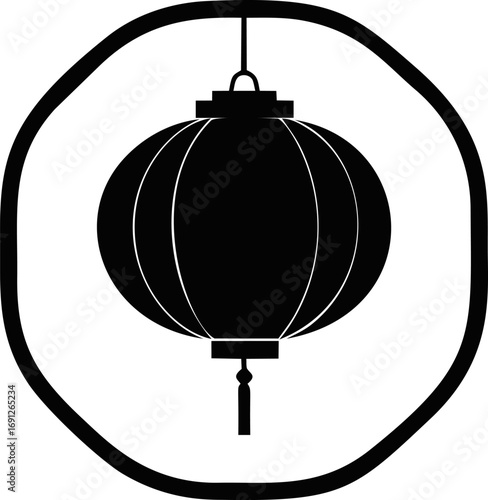 Chinese vector hand drawn line art on icon, chinese lantern in minimalist black style — stock vector