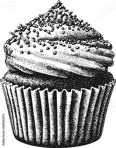 Cupcake vector sketch hand drawn line art in menu, vintage cupcake engraving style with frosting — stock vector