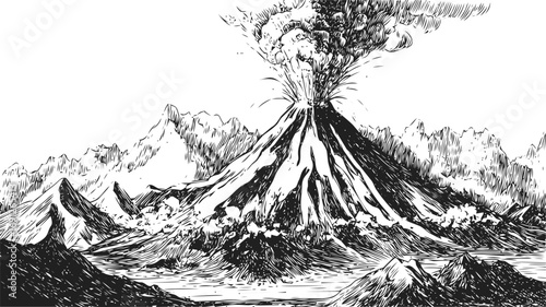 Volcano vector sketch hand drawn line art in nature, volcano eruption in style with dramatic — stock vector