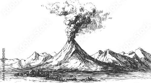 Volcano vector sketch hand drawn line art in nature, volcano eruption with smoke and mountains — stock vector