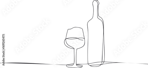 Restaurant vector hand drawn in restaurant, wine bottle and glass in minimalist — stock vector