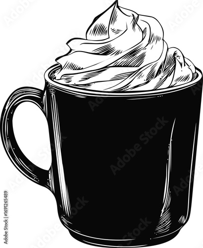 Retro vector sketch hand drawn line art in restaurant, coffee mug with whipped cream — stock vector