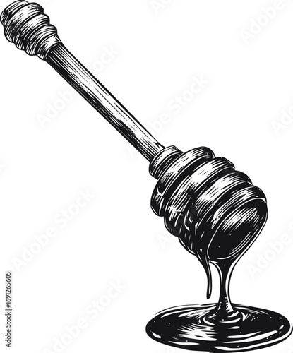 Honey vector sketch hand drawn line art in menu, honey dipper with dripping honey vintage — stock vector
