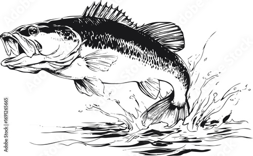 Jumping vector sketch hand drawn line art in nature, jumping fish detailed black and white — stock vector