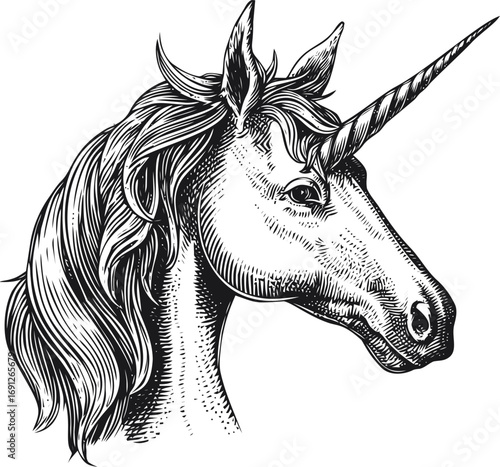 Unicorn vector sketch hand drawn line art on icon, unicorn head vintage engraving style black — stock vector