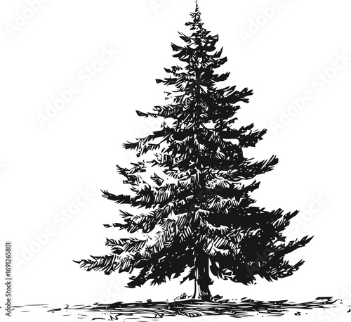 Pine vector sketch hand drawn line art in forest, pine tree silhouette engraving style — stock vector