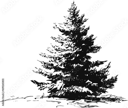 Tree vector sketch hand drawn line art in woodland, pine tree silhouette in black — stock vector