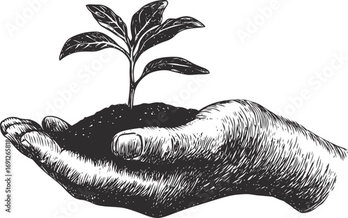 Plant vector sketch hand drawn line art in nature, hand holding soil with sprouting plant — stock vector