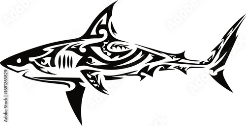 Tribal vector hand drawn line art, tribal shark in bold black tattoo — stock vector