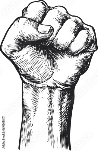 Protest vector sketch hand drawn line art in isolated, raised fist hand in vintage engraving — stock vector