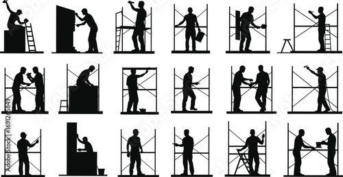 Silhouettes of construction workers on scaffolding painting and repairing walls, teamwork, professional labor, safety gear, building site, manual work, scaffold structure, industry.