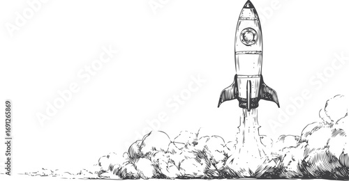 Rocket vector sketch hand drawn in outline, rocket launch in vintage style — stock vector