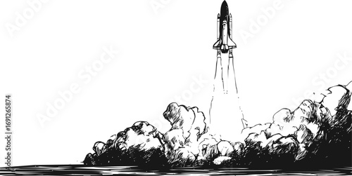 Rocket vector sketch hand drawn line art in outline, rocket launch in black and white — stock vector