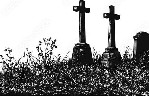 Graveyard vector hand drawn in nature, graveyard silhouette with crosses in engraving — stock vector