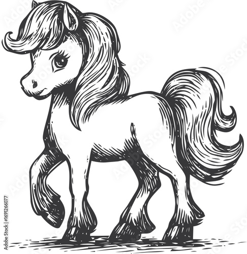 Pony vector sketch hand drawn line art in outline, cute pony in vintage engraving style — stock vector