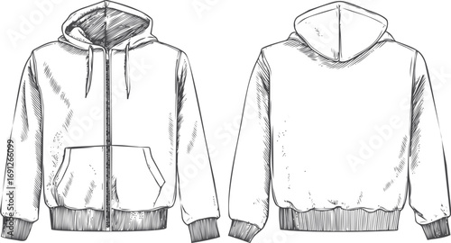 Hoodie vector sketch hand drawn line art on icon, hoodie template front and back view — stock vector