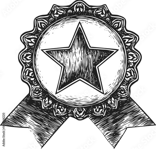 Retro vector sketch hand drawn line art, vintage award ribbon with star engraving — stock vector