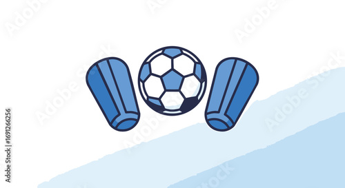 Dynamic football essentials icon featuring a classic soccer ball and two protective shin guards, designed with a clean, modern flat aesthetic, ideal for sports apps, websites, or athletic branding