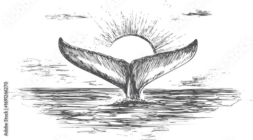 Whale vector sketch hand drawn line art in nature, whale tail with sun over ocean — stock vector