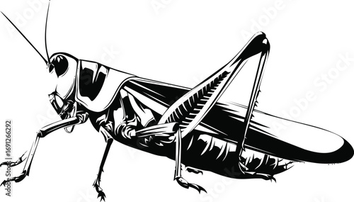 Grasshopper vector hand drawn line art in nature, grasshopper insect in bold black — stock vector