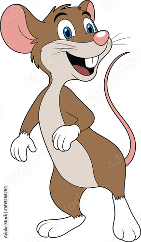 Cartoon, mouse, character, vector, animal, cute, funny, smiling, anthropomorphic, brown, pink, tail, ears, gloves, teeth, animated, cheerful, children, standing, expressive