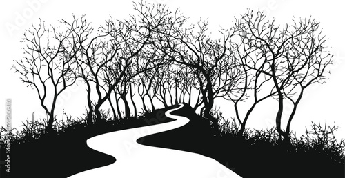 Curvy vector hand drawn line art in nature, curvy path through leafless trees — stock vector