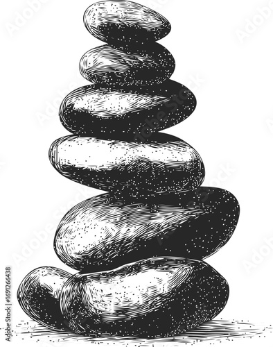 Balance vector hand drawn line art in nature, stacked stones cairn engraving style — stock vector