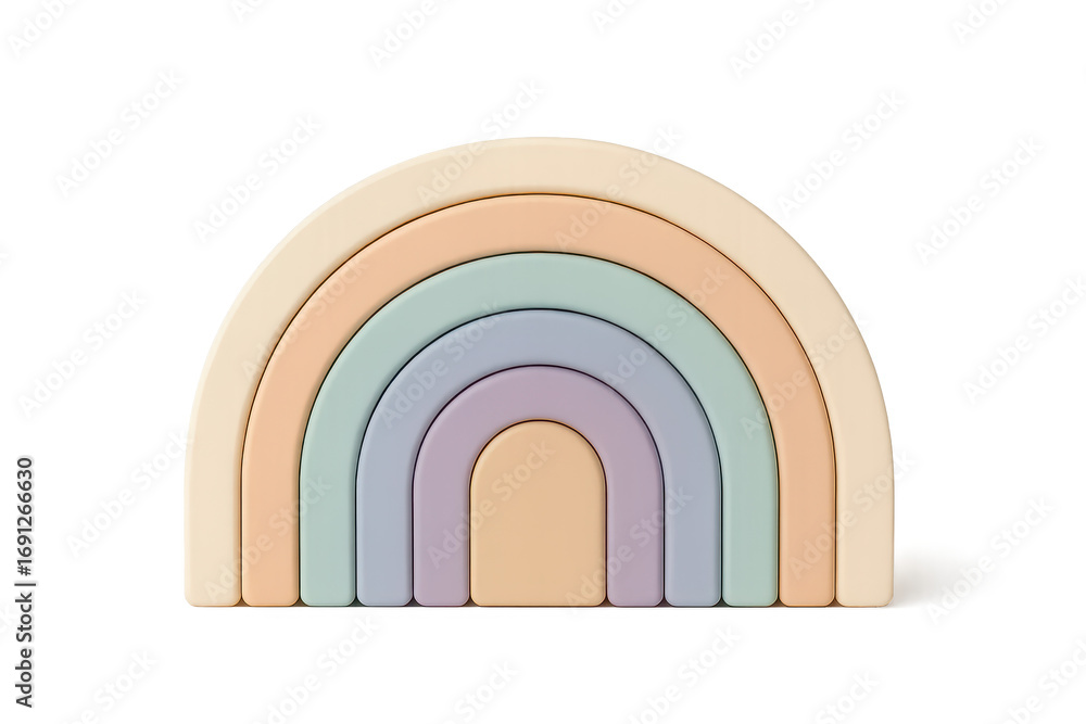 Fototapeta premium Wooden rainbow toy isolated on transparent background, pastel colored stacker