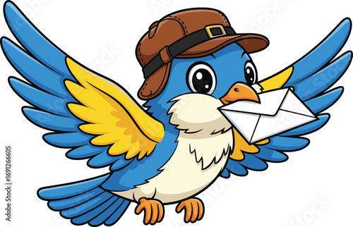Cute blue cartoon bird flying with envelope in beak wearing brown hat, mail delivery mascot, postal service, communication concept illustration