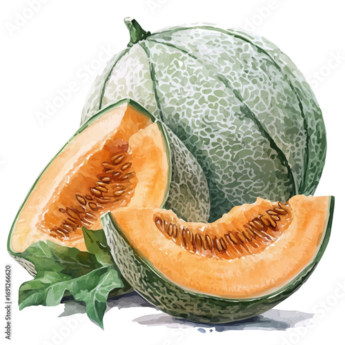 Cantaloupe, watercolor vector, isolated on a white background.