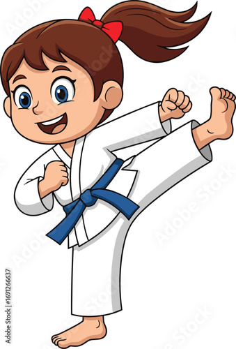 Cute cartoon girl practicing karate kick in white uniform with blue belt, martial arts training, energetic pose, isolated background