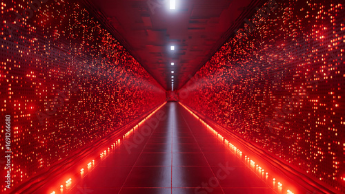 Photos Red lights illuminating a server room corridor, with streams of data flowing acr
