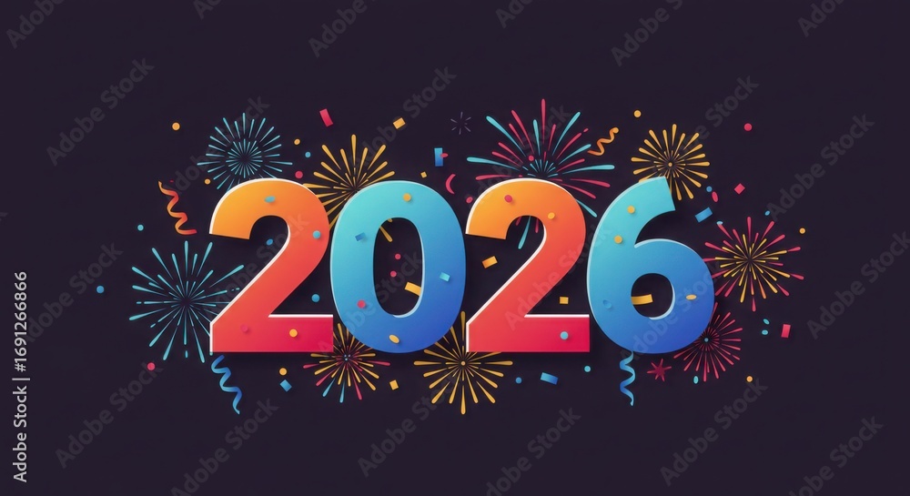 Fototapeta premium Colorful fireworks and 2026 text for New Year celebration 
