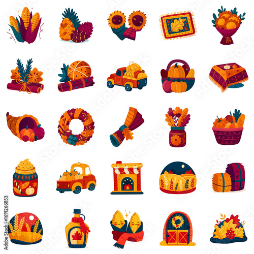 Thanksgiving set 25 pcs isolated png illustration  