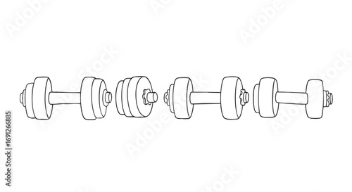 Hand-drawn collection of isolated dumbbell illustrations. A monochrome vector set for gym, fitness, and strength training concepts