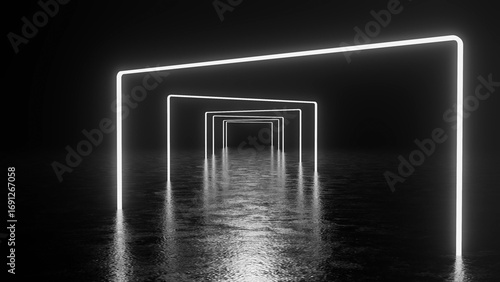 Glowing white neon square gates are creating a futuristic corridor over a dark reflective surface, giving a sense of mystery and perspective