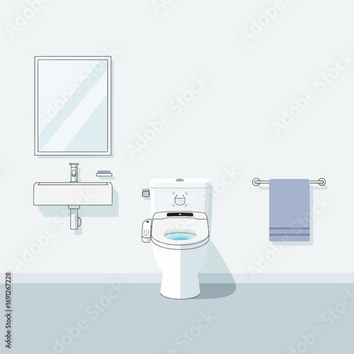 A modern bathroom with a toilet sink and mirror.
