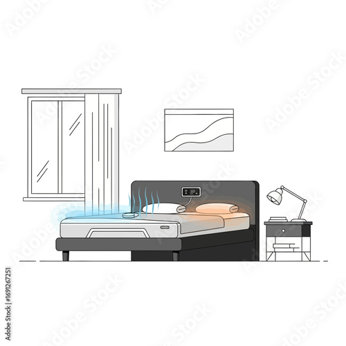 Bedroom interior with a bed window nightstand and lamp.