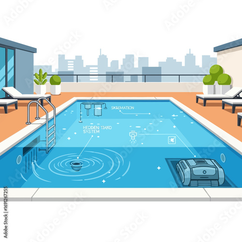 Outdoor swimming pool with lounge chairs and city skyline background.