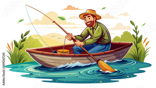 Fisherman in small boat casts hook into calm water. Isolated white background conveys patience, harmony with nature, and simplicity of fishing life.