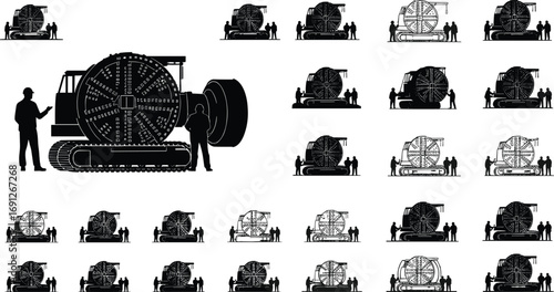 Silhouettes of workers with tunnel boring machine, industrial cutter head, construction engineering, excavation equipment, machinery vector illustration, underground project tools.