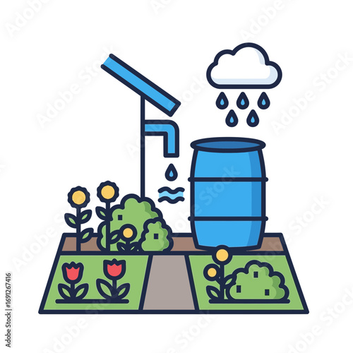 Rainwater harvesting system collecting water for a garden.