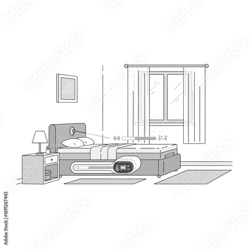 Bedroom interior with bed nightstand and window with curtains.