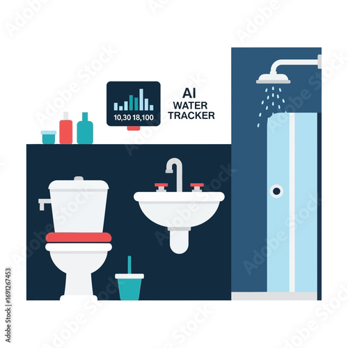 Bathroom with toilet sink shower and water tracking technology.