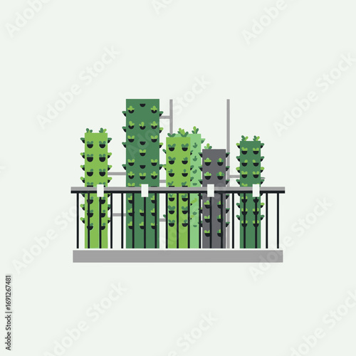 Vertical garden towers with green plants on a light background.