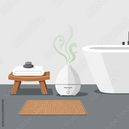Bathroom with bathtub soap and aroma diffuser.