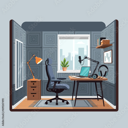 Home office setup with desk chair laptop microphone and window.